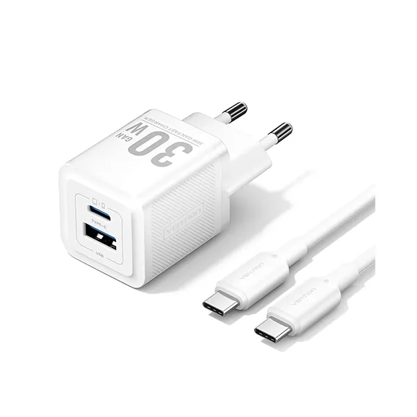 VENTION TZ-FEQW0-US-01 2-Port 30W USB (C+A) GaN Charger with Type-C Cable - US Plug